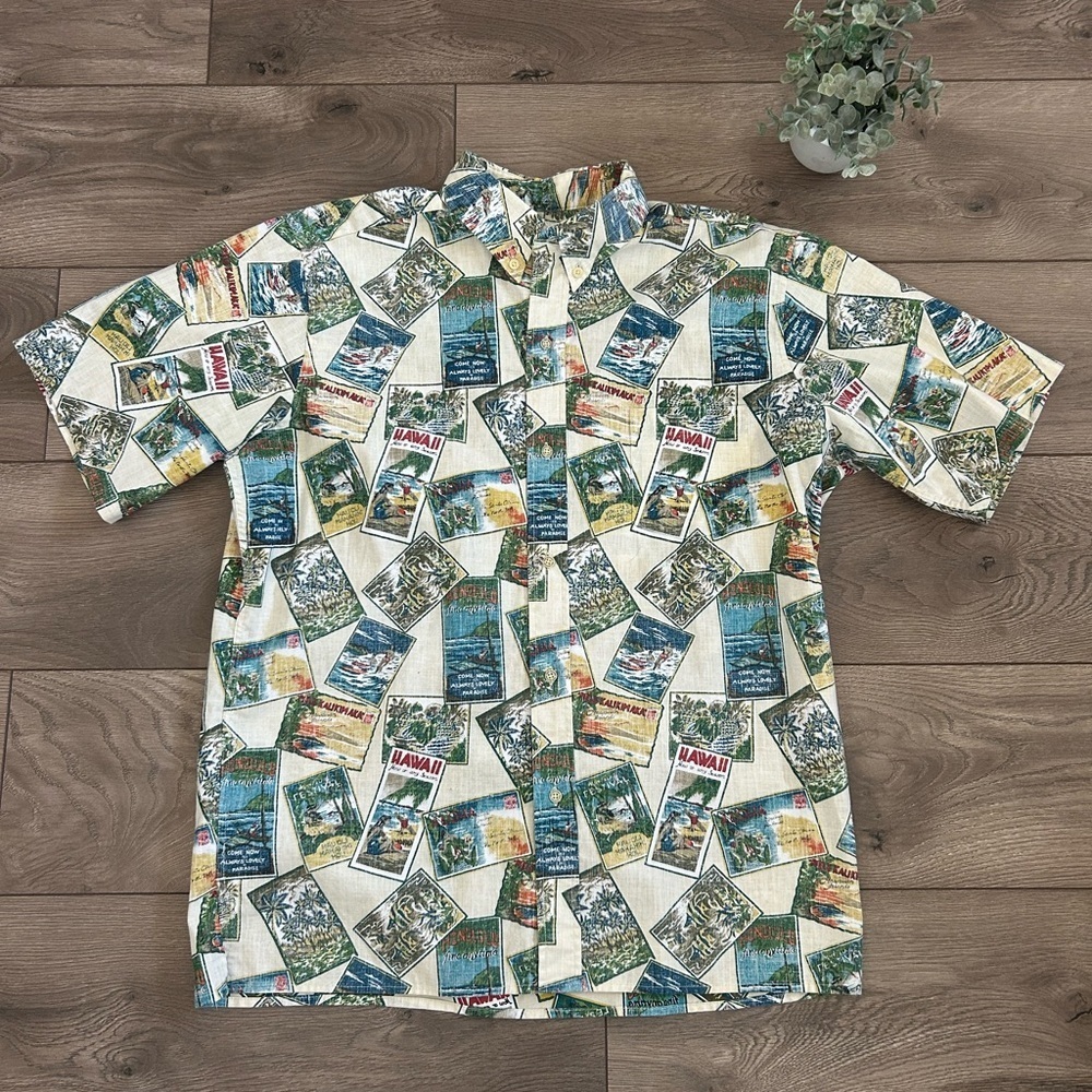 REYN SPOONER Hawaiian Post Cards Print Men's Shirt Size Large